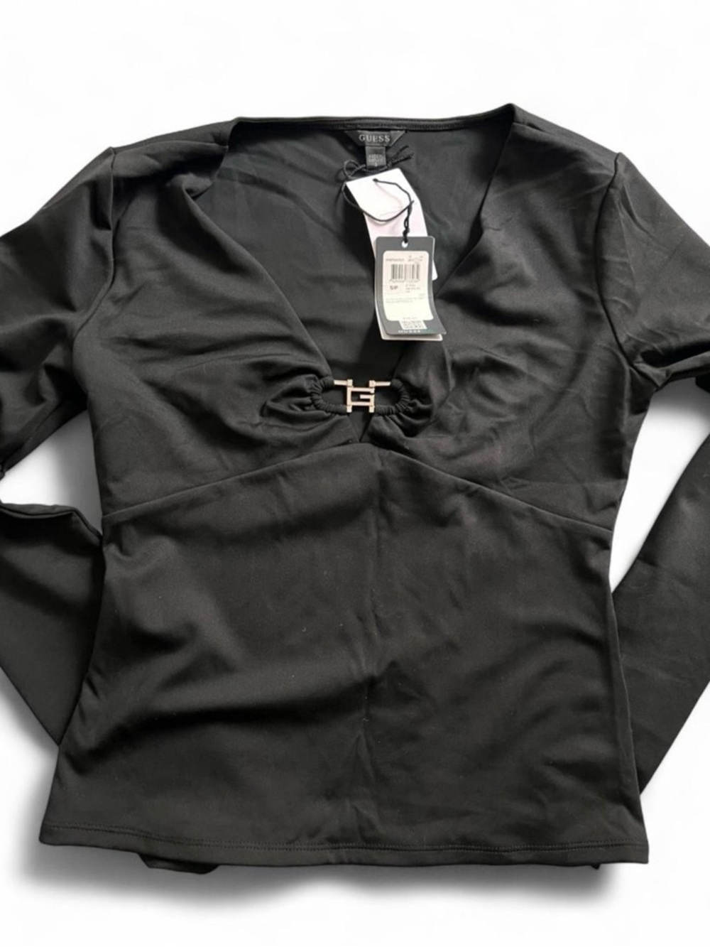 GUESS Black Long Sleeve V-Neck Top with Gold Logo Accent